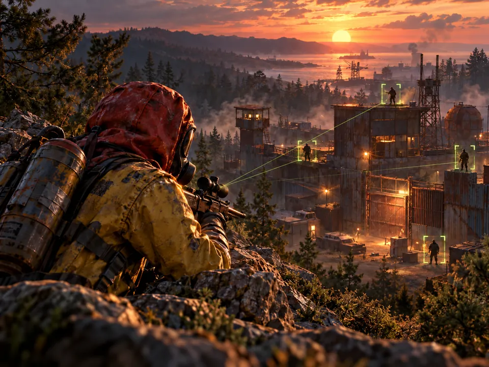 Original tactical landscape artwork with a distant industrial scene